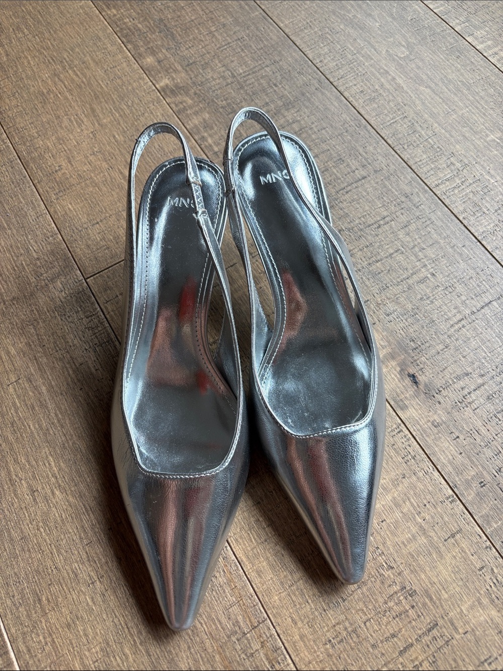 New Mango Silver Pointed Toe Slingback Pumps